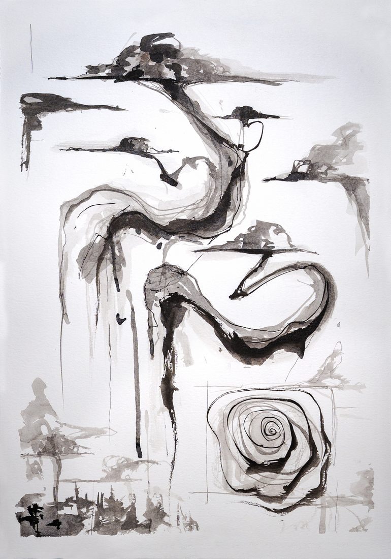 «Bonsai #2, El jardín prometido», composición en tinta china con un bonsái y una rosa en espiral, de Mai Solsona