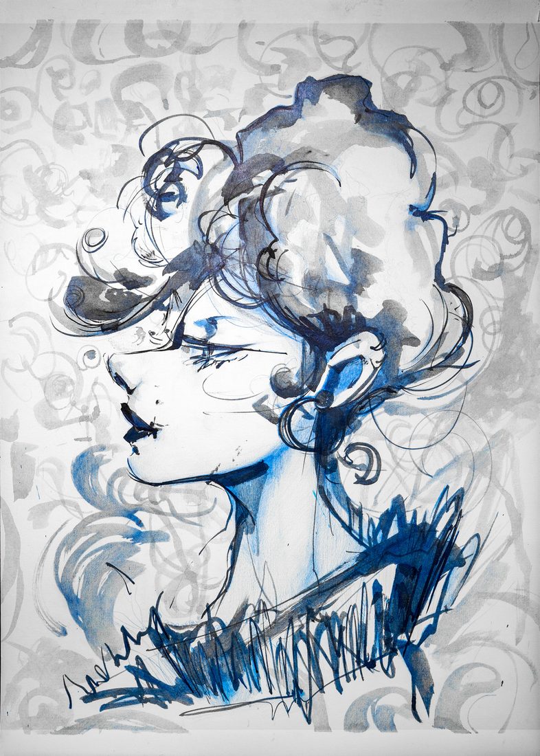 «La Emperatriz», retrato femenino de perfil en tinta china azul y negra, de Mai Solsona