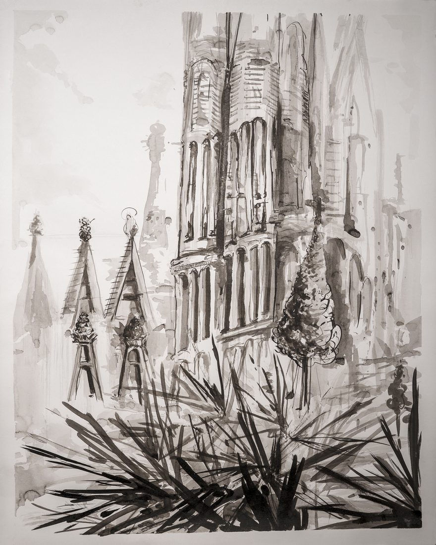 «Sagrada Familia», las torres de la basílica dibujadas en tinta china tras unas palmeras, de Mai Solsona
